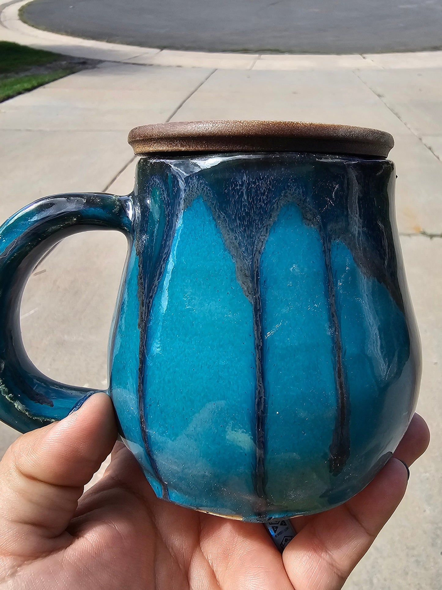 Teal Drippy Mug with Wooden Lid