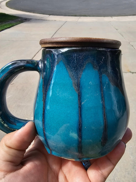 Teal Drippy Mug with Wooden Lid