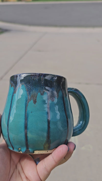 Teal Drippy Mug with Wooden Lid