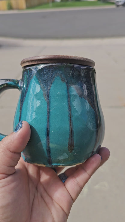 Teal Drippy Mug with Wooden Lid